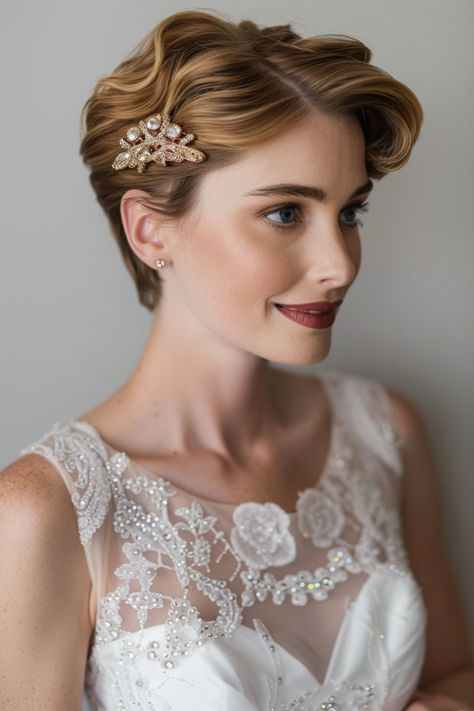 Chic and striking, wedding hairstyles for short hair add unique charm to any bride's look. Here are the top short hairstyles to consider. Curly Pixie Wedding Hair, Pixie Bridal Hairstyles, Pixie Hairstyles Wedding, Pixie Bridal Hair, Pixie Cut Wedding Hair, Pixie Cut Bride, Bride Short Hairstyles, Pixie Cut Wedding Hairstyles, Chic Wedding Hairstyles