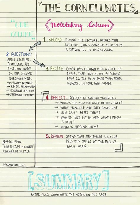 By using Cornell notes it makes the notes clear of reading an easy to understand can be used by any person that is learning and it is easy for students Cornell Method, School Tricks, Note Making, Studie Hacks, Note Taking Strategies, Notes Inspo, Ipad Notes, Note Taking Tips, Study Stuff