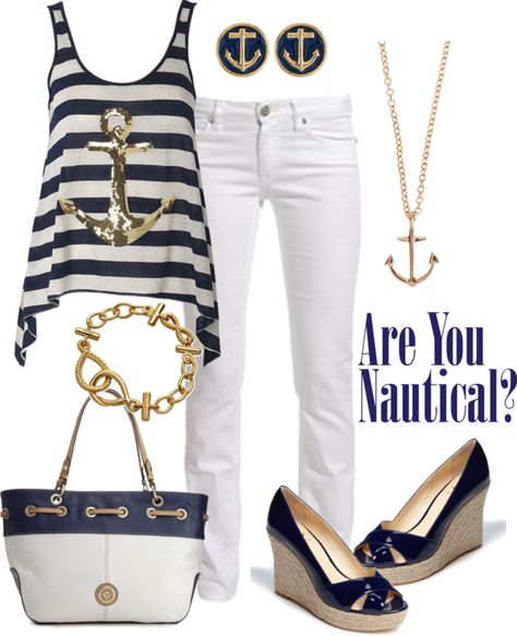 "Nautical" by srose38 on Polyvore Nautical Fashion Women, Nautical Clothing, Anchor Clothes, Nautical Outfits, Sailing Outfit, Nautical Fashion, Spring Outfits Women, Navy Fashion, White Pants