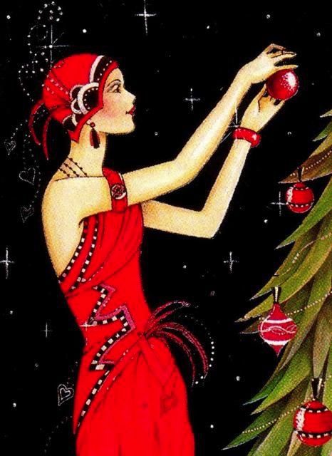 Vintage Christmas Cards, Artist unknown - Looks to be a partial card, vintage? Art deco-style. Art Deco Cards, Art Deco Illustration, Art Deco Lady, Art Deco Posters, Fashion Art Illustration, Christmas Past, Noel Christmas, Vintage Greeting Cards, Vintage Christmas Cards