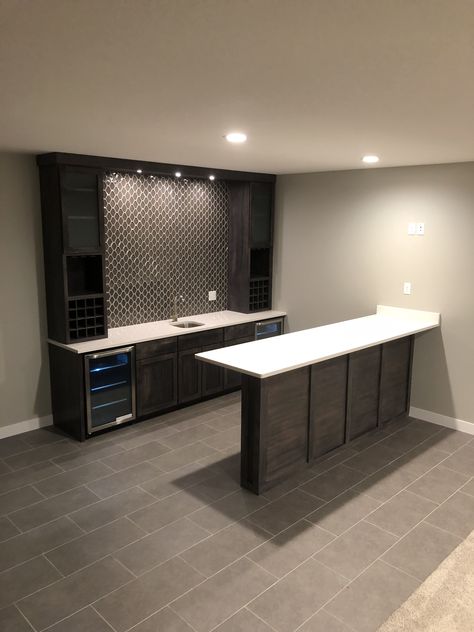 Media Room With Wet Bar, Diy Basement Bar Modern, Basement Bar Layout Plan, Basement Wet Bar Backsplash, Ikea Basement Bar Ideas, Basement Serving Counter, Built In Bar In Basement, Kitchenette With Bar Seating, Dry Bar With Seating