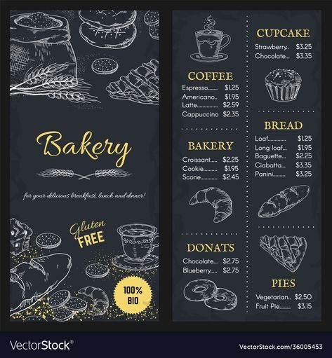 Menu Blackboard Design, Bread Menu Design Ideas, Cafe Brochure Design Ideas, Pastry Menu Design Ideas, Bread Menu Design, Bakery Brochure Design, Bakery Menu Board, Bakery Menu Ideas, Bakery Brochure