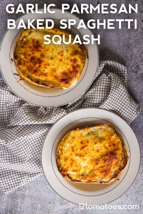 Garlic Parmesan Baked Spaghetti Squash | 12 Tomatoes Garlic Parmesan Spaghetti Squash, Traditional Pasta, Baked Spaghetti Squash, Veggie Noodles, Spaghetti Squash Recipes, 12 Tomatoes, Baked Spaghetti, Veggie Side Dishes, Garlic Parmesan