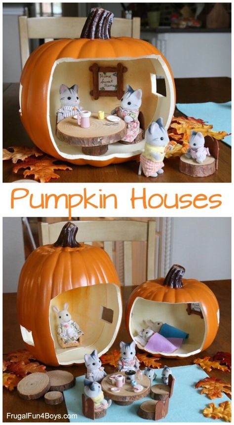 How to Make an Absolutely Adorable Pumpkin Doll House (with Accessories!) - Frugal Fun For Boys and Girls Forest Doll House, Peg Doll Accessories, Calico Critters Furniture Diy, Autumn Peg Dolls, Calico Critters Diy House, Calico Critters Crafts, Calico Critter Crafts, Doll Houses Ideas, Diy Calico Critters House