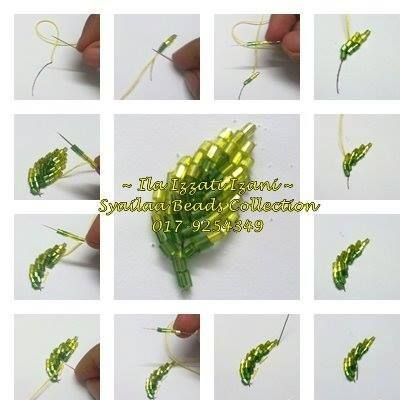 Sulam Manik, Pola Manik, Embroidery Leaf, Beadwork Tutorial, French Beaded Flowers, Diy Bead Embroidery, Bead Embroidery Tutorial, Beaded Leaf, Pola Gelang