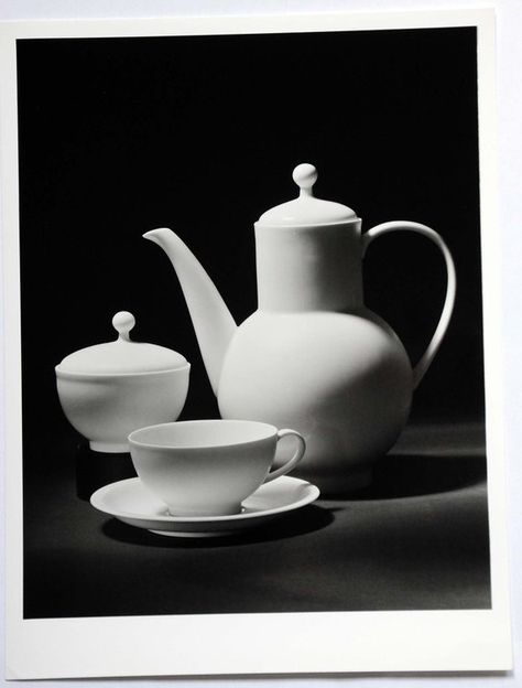 m0068 Willi Moegle presenting black and white still life photography of a porcelain  tea set  with pot, cup, sugar bowl.Minimal usage track, only visible in image gloss. Corner lower left is kinked.height: 9,21 " incheswidth: 7,01 " inchesthe offered photo prints are original vintage gelatin silver prints on Agfa Lupex photo paper printed in the 50ties and 60ties. on the back is usually the atelier stamp of the photographer, as well as the negative number handwritten in pencil. sometimes there i White Still Life Photography, Black And White Still Life, White Still Life, Still Life Pictures, Life Drawing Reference, Creation Art, Object Photography, Light Study, Simple Object