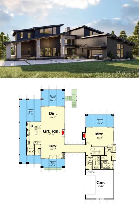 4,000 Sq Ft Two-Story Modern Style House Plan with Courtyard and Wraparound Porch (7-Bedroom) House Plan With Courtyard, Home With Courtyard, Vertical Wood Siding, French Entry Doors, Story Mountain, Porch Supports, Private Workspace, Brick Columns, Modern Courtyard