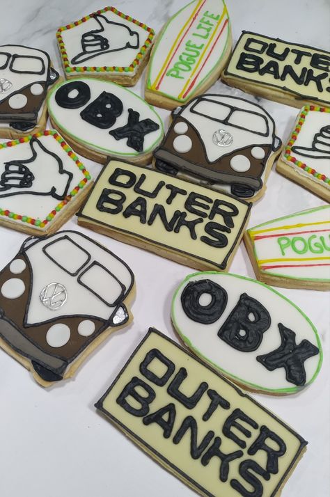 Outer Banks Cookies Decorated, Outerbanks Party Ideas, Outer Banks Cookies, Obx Outer Banks Birthday Party, Bank Cake Ideas, Outer Banks Birthday Party Ideas, Outer Banks Cake, Outer Banks Birthday Party, Outer Banks Party