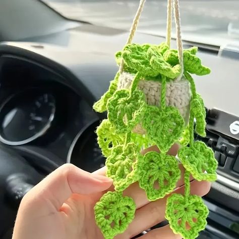 Hanging Crochet Succulent New Style Car - Temu Birthday Surprises For Friends, Car Mirror Hanging Accessories, Crochet Car, Rear View Mirror Accessories, Orchid Pot, Crochet Plant, Car Interior Accessories, Hanging Mirror, Cute Cars