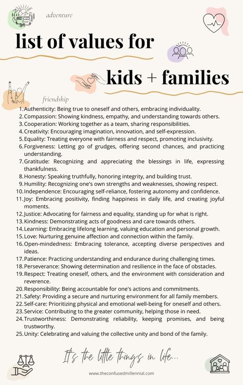 list of values in life for personal use, business brand, or kids morals, personal core values, honest and integrity, self actualization, mental and emotional health, emotional skills, improve mental health, mental wellness, journal writing prompts, self improvement tips, 365 jar, healing journal, life coaching tools, personal growth tips, self help and care, self improvement personal Family Morals And Values, Teach Values To Kids, List Of Core Values, Family Core Values, Personal Values Worksheet, Good Qualities In A Person, Moral Values For Kids, Personal Values List, Core Values List