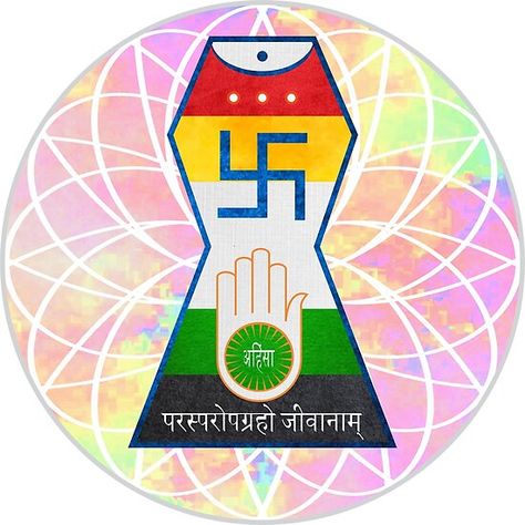 Jainism, Jain symbol spiritual artwork, ahimsa, mahaveer,om stamp. • Millions of unique designs by independent artists. Find your thing. Jain Symbol Logo, Jain Rangoli Designs, Jain Flag, Jainism Symbol, Jain Symbol, Jainism Wallpaper, Boarders Designs, Bappa Decoration, Stamp Poster