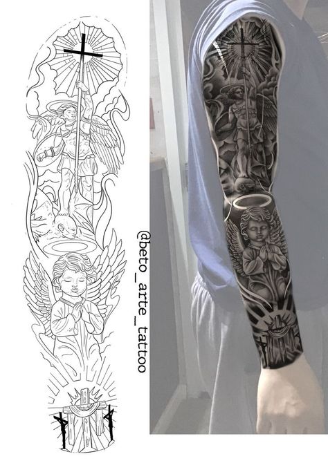 Men’s Tattoo Ideas Cool, Tattoo Ideas Quarter Sleeve, Sleeve Tattoos Stencil, Men Tattoos Ideas, Back Tattoo For Men, Angel Sleeve Tattoo, Half Arm Sleeve Tattoo, Herren Hand Tattoos, Wolf Tattoo Sleeve