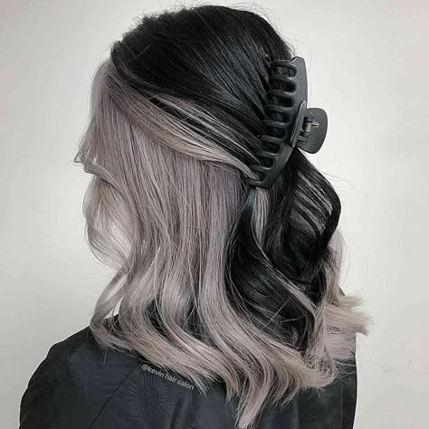 33 Cute Hairstyles for Medium Length Hair Right Now Under White Hair, Peekaboo White Hair, White Under Black Hair, White Hair Underneath Black, Black Hair With White Peekaboo, White Hair Black Highlights, Black White Hair Aesthetic, Highlight White Hair, Half Grey Half Black Hair