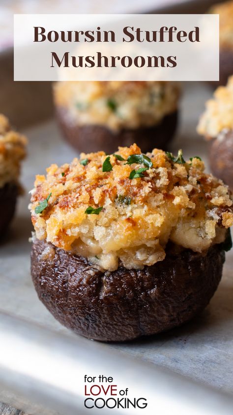 Boursin Stuffed Mushrooms, Easy Stuffed Mushroom Recipe, Garlic Crab, Boursin Recipes, Seasoned Bread, Crab Stuffed Mushrooms, Crab Stuffed, Button Mushrooms, Cooking Spray