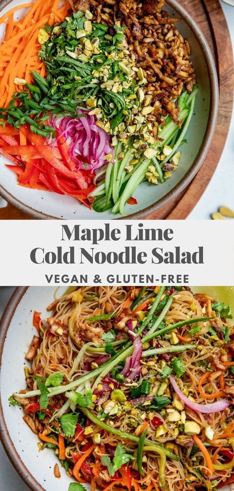 This Maple Lime Cold Noodle Salad is packed with veggies and protein. A perfect refreshing lunch or weeknight meal that comes together in less than 30 minutes. Cold Noodle Salad, Noodle Salad Cold, Cold Noodles, Cold Lunches, Vegan Salad Recipes, Vegan Lunches, Vegan Comfort Food, Noodle Salad, Sweet Chili Sauce