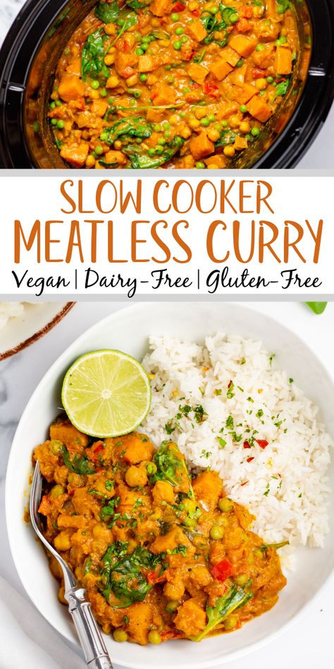 This slow cooker vegetable curry is the easiest set it and forget it meal. It's awesome for a meatless dinner or vegan lunch recipe that is simple to meal prep. It's also gluten-free and dairy-free, really filling and nourishing, and full of that comforting curry flavors you know and love! This crock pot curry uses a lot of pantry staple ingredients, so it's also a very budget friendly recipe! #slowcookercurry #vegancurry #meatless Slow Cooker Vegetable Curry, Crockpot Curry, Vegan Lunch Recipe, Crockpot Vegan, Crockpot Vegetarian, Hearty Recipes, Slow Cooker Curry, Vegan Slow Cooker Recipes, Bean Dishes