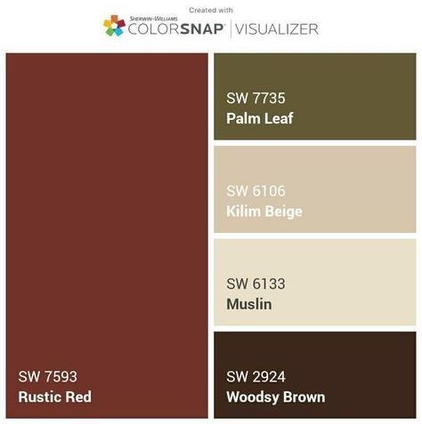 Rustic Red is one of our Favorite Colors from Sherwin Williams!  We love the way Palm Leaf contrasts with it while Muslim and Woodsy Brown compliment and pull it all together!  This color palette would look great on your home’s interior or exterior!  Want help with finding the perfect color palette for your home?  Any project over $1,000 receives a complimentary meeting with a Sherwin Williams Color Consultant to help you choose the perfect colors for your painting project! Rustic Paint Colors Schemes Sherwin Williams, Palm Leaf Paint Sherwin Williams, Maroon Exterior House Paint, Red Brown House Exterior, Rustic Red House Exterior, Rustic Red Living Room, Brown House Color Scheme Exterior, Tan And Burgundy House Exterior, Rustic Red Paint Colors