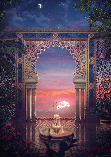 Arabian Nights Aesthetic, Moroccan Garden, Digital Invitations Wedding, Arabian Night, Fantasy City, Fantasy Art Landscapes, Arabian Nights, Night Aesthetic, Fantasy Landscape