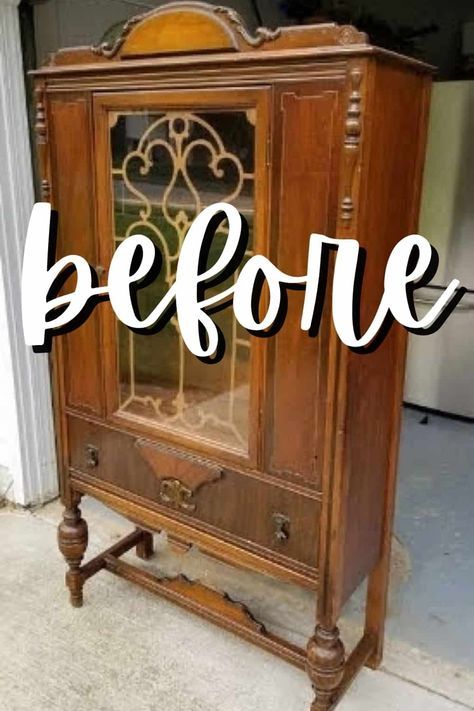 Check out this before and after antique china cabinet makeover with creamy white paint! Learn step by step, how to paint a china hutch, how to sand legs and how to use annie sloan wax over enamel paint. Plus get more great ideas for furniture makeovers! Antique China Cabinet Makeover, Antique China Hutch, Creamy White Paint, China Hutch Makeover, Antique China Cabinet, China Cabinet Makeover, Antique China Cabinets, Painted China Cabinets, How To Paint Furniture