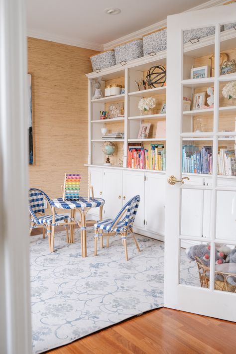 Favorites Things in Our Kids' Playroom - Shining on Design Playroom Chandelier Ideas, Main Level Playroom, Grand Millennial Playroom, Dinning Room Turned Playroom, Playroom With Storage, Grandmillenial Playroom Ideas, Playroom Off Living Room, Grandmillenial Playroom, Playroom Library Ideas