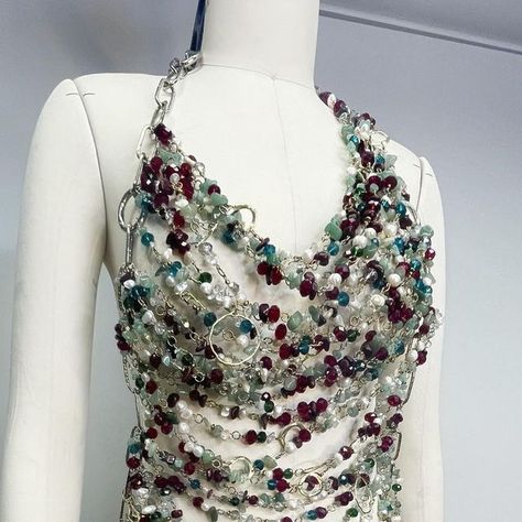 Grete Henriette on Instagram: "The Cleodora Dress Handcrafted with over Seven Thousand Quartz Crystals, Freshwater Pearls, Brass- and Glass Beads." Seed Bead Clothing, Bead Outfits, Crochet Top With Beads, Grete Henriette, Bead Clothes, Crystal Outfit, Junk Couture, Beaded Clothes, Crystal Bralette