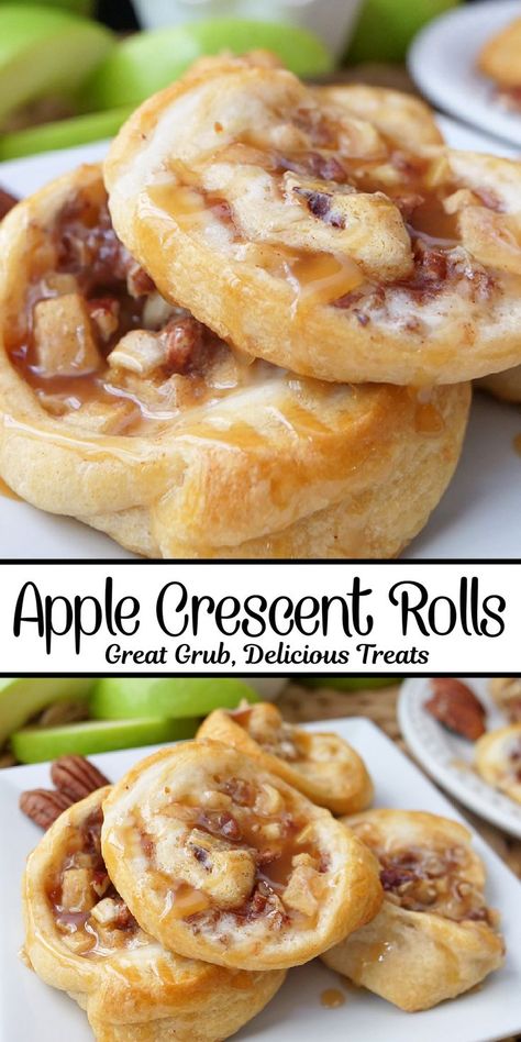 A double photo collage of apple crescent rolls on a white plate. Loaded Crescent Rolls, Green Apple Dessert Recipes, Apple Crescent Roll Dessert, Pilsbury Crescent Rolls, Crescent Roll Apple Turnovers, Cresent Roll Dough, Green Apple Recipes, Apple Crescent, Apple Crescent Rolls