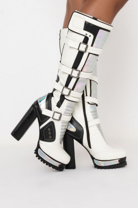 Cyberpunk Boots, Cyberpunk Shoes, White High Heels, Azalea Wang, Cyberpunk Fashion, Futuristic Fashion, Chunky Boots, Pretty Shoes, Character Outfits