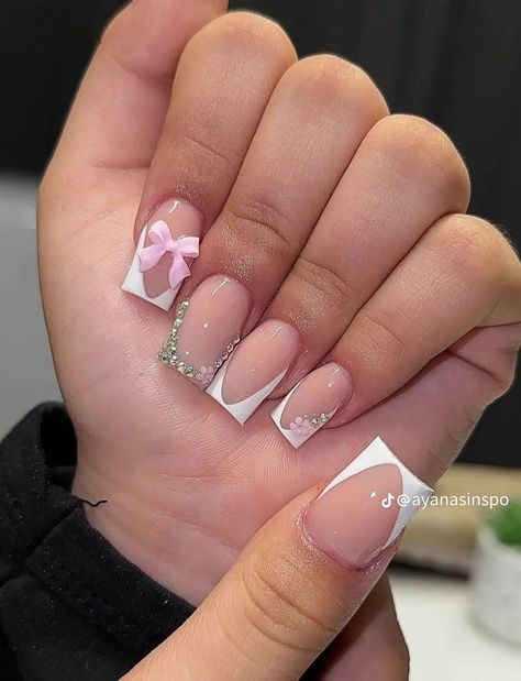 French Tips Diamond Nails, French Tip Acrylic Nails With Jewels, Blinged French Tip Nails, Acrylic Overlay Nails Short Designs, French Tip With Gems Rhinestones, French Tip Nails Rhinestones, French Tip Acrylic Nails With Gems, Blinged Out French Tip Nails, French Tip Nails With Gems Rhinestones