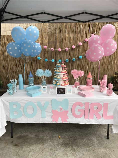 Small And Simple Gender Reveal, Simple Gender Reveal Dessert Table, Gender Reveal Ideas Diy Simple, Gender Reveal Main Table Ideas, Outdoor Gender Reveal Ideas Decoration, Table Decorations Gender Reveal, Gender Reveal Table Set Up Outside, Gender Reveal Backdrop Ideas Diy, Backyard Gender Reveal Party Ideas