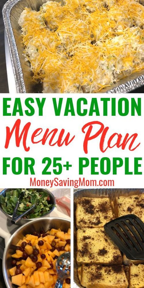 Need some easy recipes or cheap meals for large groups? Here’s how we fed 27 people on our recently family vacation including the meals we made + how we divvied up the responsibilities! #menuplanning #menuplan #mealplan #easydinnerideas #dinner #dinnerideas #budget #grocerybudget #vacation #mealplanforgroup #mealplanforcrowd Dinner For Group, Meals For Large Groups, Easy Vacation Meals, Vacation Meal Planning, Big Family Meals, Big Family Dinner, Large Group Meals, Large Family Meals, Beach Dinner