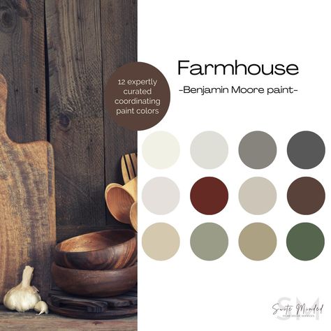 Discover a beautiful color palette with warm earthy tones, and 12 different paint references from Benjamin Moore, including Chelsea Gray, and Revere Pewter. This detailed, expertly put together, and budget-friendly paint palette will give your house the perfect farmhouse/rustic style. It contains: - 12 carefully selected paint colors from Benjamin Moore: we've thoughtfully handpicked a palette of 12 stunning Benjamin Moore paint colors to create the perfect interior space. - Detailed color descr Farmhouse Color Palette Benjamin Moore, Raintree Green, Revere Pewter Coordinating Colors, Color Palette Benjamin Moore, Paint Sheen Guide, Coordinating Paint Colors, Victorian House Colors, Farmhouse Color Palette, Interior Paint Color