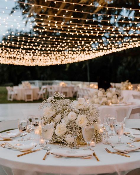 Non Floral Wedding Centerpieces Elegant, Romantic Wedding Reception Decor, Bella Cosa Wedding, Wedding Romantic Theme, Fairy Lights Wedding Reception, Classic Wedding Theme, Romantic Wedding Theme, Instagram Award, Weddings Decorations Elegant Romantic