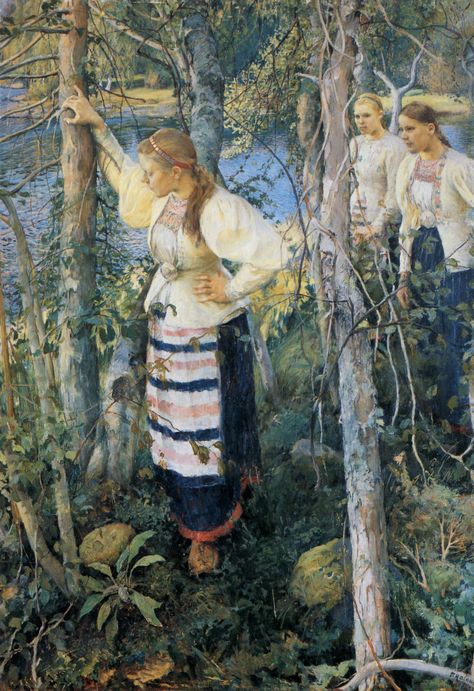 Pekka Halonen, Neiet niemien nenissä, 1895, The Life and Art of Pekka Halonen - http://www.alternativefinland.com/art-pekka-halonen/ Moritz Von Schwind, Scandinavian Art, Samara, Inspiration Art, Art Plastique, Scandinavia, In The Woods, Contemporary Artists, Art History