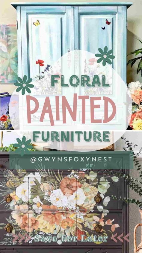 Cottagecore style decor Floral Painting On Furniture, Whimsical Furniture Painting Ideas, Hand Painted Furniture Diy, Floral Painted Furniture, Painted Beadboard, Restoration Furniture, Vintage Hand Painted Furniture, Painted Furniture Ideas, Painted Furniture Designs