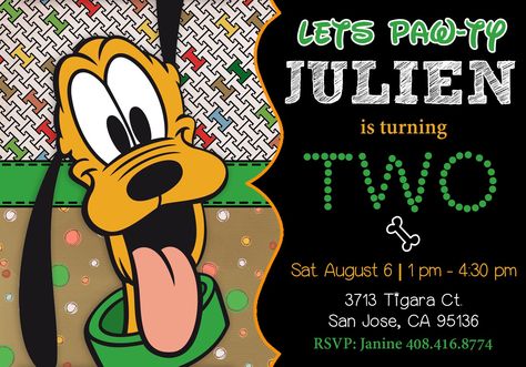 Pluto Party: 2nd Birthday invitation  For Custom Orders: j9autra@yahoo.com Pluto Themed Birthday Party, Pluto Birthday Party Ideas, Dog Themed Parties, Disney Theme Party, 2nd Birthday Invitations, Dog Birthday Party, Birthday Halloween Party, Disney Party, Dog Party