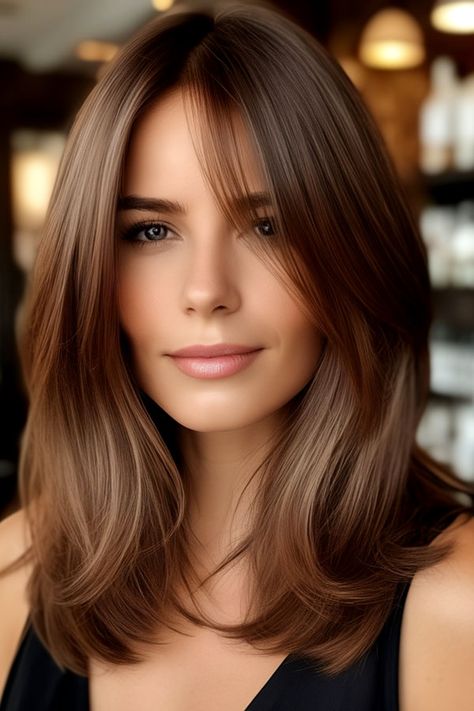 Light Chestnut Brown Caramel Brown Hair On Brown Skin, Chestnut Hair Blue Eyes, Brown Hair Colors Shoulder Length, One Color Light Brown Hair, Light Medium Brown Hair Color, Fall 2024 Hair Ideas, Haircut For Light Hair, Single Process Hair Color Light Brown, Simple Medium Length Haircut