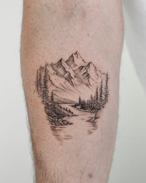 ⛰️ Mountain, River, Forest for Tom. Thank you for your trust and sharing your stories with me. Created at @exp.haus . . . . . #microrealismtattoo #finelinetattoo #londontattoo #londonfinelinetattoo #realistictattoo #tattooidea #londontattoostudio #moutaintattoo #foresttattoo #rivertattoo #mountain Mountain And Stream Tattoo, Half Sleeve Tattoos For Women Upper Arm Mountains, Mountain Background Tattoo, Valley And Mountain Tattoo, Mountain Half Sleeve Tattoo Women, Mountain Tattoo On Forearm, Outdoor Scene Tattoo, Mountain Patchwork Tattoo, Detailed Mountain Tattoo