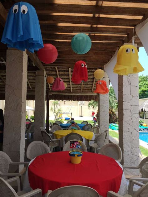 PacMan Party Birthday Party Ideas | Photo 14 of 17 | Catch My Party Manly Party Decorations, Pac Man Party, 80s Party Decorations, 80s Birthday Parties, Video Games Birthday Party, 80s Theme Party, 80s Theme, Video Game Party, Video Games Birthday