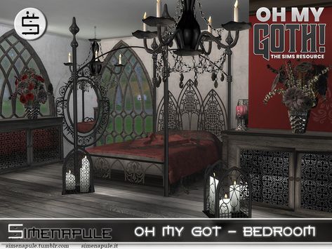 The Sims Resource - Oh My Goth - Bedroom Goth Bed, Sims 4 Cc Goth, Goth Houses, Goth Bedroom, Gothic Flowers, Gothic Bedroom, Sims 4 Bedroom, Candle Night, Gothic Furniture