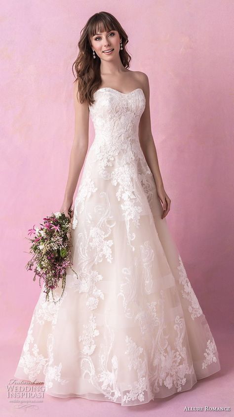 allure romance fall 2018 bridal strapless sweetheart neckline full embellishment romantic a  line wedding dress chapel train (12) mv -- Allure Romance Fall 2018 Wedding Dresses | Wedding Inspirasi #wedding #weddings #bridal #weddingdress #bride ~ Blush A Line Wedding Dress, Sweet Heart Wedding Dress, Romantic A Line Wedding Dress, Sweetheart Neckline Wedding Dress, Strapless Wedding Dresses, Allure Romance, Allure Wedding Dresses, Off The Shoulder Wedding Dress, Wedding Dresses Sweetheart Neckline