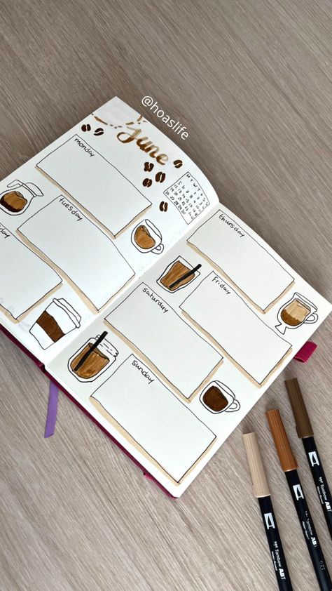 Coffee Themed Bujo, Brown Bujo Theme, Planner Journal Ideas Layout, Coffee Doodles Simple, Coffee Bujo Theme, Cozy Bullet Journal Theme, Coffee Bullet Journal Theme, Coffee Journal Ideas, Bujo Coffee Theme