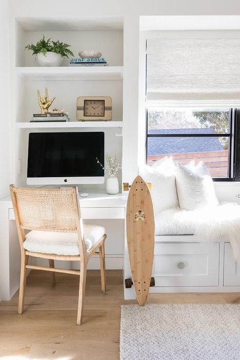 Built In Desk And Shelves, Built In Window Seat, Desk Nook, Pure Salt Interiors, Bedroom Built Ins, Window Seat Design, Pure Salt, Bedroom Seating, Cottage Bedroom