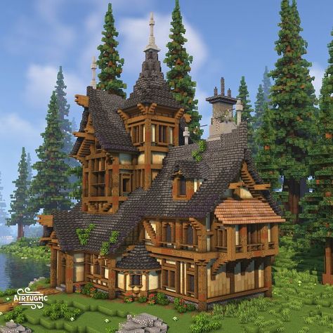 Airtug on Instagram: “Just a big ol medieval home I made #minecraft #minecrafts #minecraftbuilds #minecraftbuild #minecraftmeme #minecraftmemes #minecraftonly…” Mountain Top Castle Minecraft, Minecraft House Builds Ideas, Minecraft Houses With Tutorial, Massive Minecraft Houses, Minecraft Round Buildings, Dallasmed65 Minecraft House, Minecraft Orphanage, Minecraft Base House, Minecraft Large House Ideas