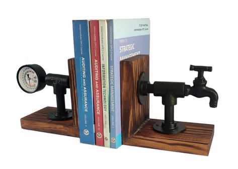 PRICES MAY VARY. UNIQUE DESIGN: This rustic bookend is beautifully designed to highlight your home and office décor. It can be displayed as tabletop on desktop table, centre table, bookshelf, study table etc. It is made of good quality of wood and realistic looking industrial tap and gauge design. FEATURES: It has antique torched finish on wood. The combination of industrial metal tap and gauge with wood, complements rustic and steampunk decor. It is dual sided stand which can be used together o Bookshelf Study, Office Study Table, Industrial Bookends, Garden Tools Decor, Desktop Table, Table Bookshelf, Desktop Shelf, Wooden Bookends, Steampunk House