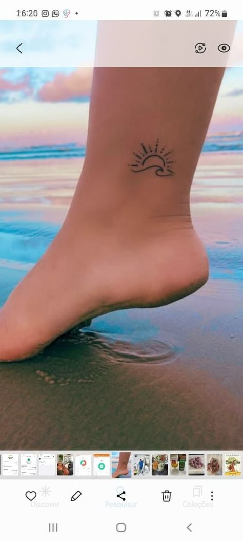 Sun Over Waves Tattoo, Small Tattoos For Beach Lovers, Sunrise Beach Tattoo, Small Wave And Sun Tattoo, Lake Sunset Tattoo, Henna Tattoo Designs Beach, Wave Tattoo On Foot, Ocean Wave Tattoos For Women, Top Of Foot Tattoos For Women