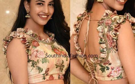 TRENDING HOT: Blouse Designs With Frills & Pleats! – South India Fashion Blouse Designs With Frills, Hot Blouse Designs, Blouse Designs High Neck, Blouse Designs Catalogue, Backless Blouse Designs, New Saree Blouse Designs, Fashionable Saree Blouse Designs, Hot Blouse, Frill Blouse