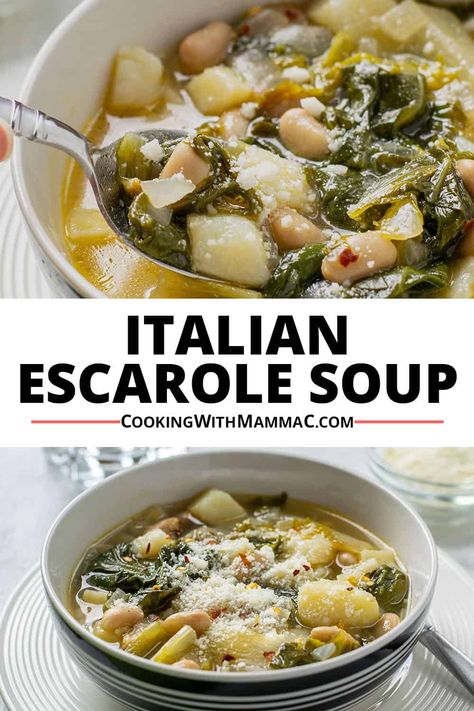 You can make Escarole Soup with Beans and potatoes in 40 minutes! You'll love its tremendous flavor from onions, garlic and Romano cheese. Once people try it, they make it again and again! Escarole With Italian Sausage And White Beans, Escarole And Beans Soup, Escarole Recipes Soups, Escarole Soup Italian, Italian Escarole And Bean Soup, Escarole And White Bean Soup, Beans And Escarole, Escarole Soup Recipes, Escarole Bean Soup