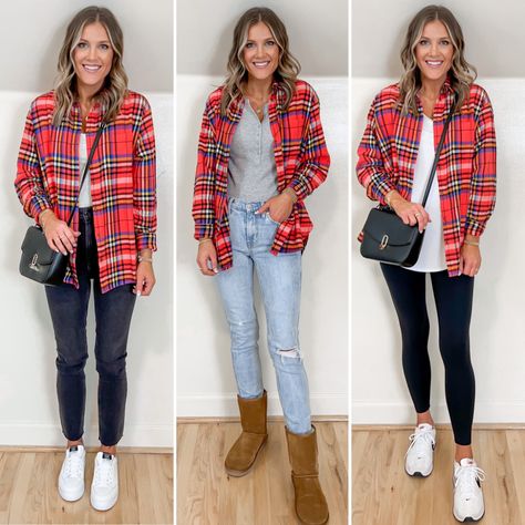 Blue And Red Flannel Outfit, Women’s Plaid Shirt Outfit, Flannel Outfits For Women 2024, Open Flannel Shirt Outfit, Women’s Flannel Shirt Outfit, Styling Flannel Shirts Women, Christmas Flannel Outfit, Women Flannel Outfit, Red Flannel Shirt Outfit