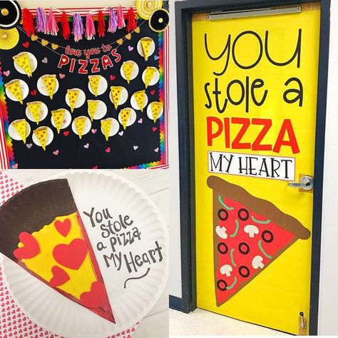 277 Likes, 14 Comments - Miss Garcia (@misstexas_teachingadventures) on Instagram: “Pizza say you’ll be my valentine. 🍕@sparkles_and_pompoms  @aperfectblendteaching…” Daycare Rooms Decorations, School Cafeteria Decorations, Classroom Door Decorations, Valentine Bulletin Boards, A Pizza My Heart, Pizza My Heart, School Cafeteria, Teaching Toddlers, Lunch Room