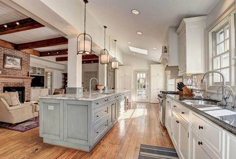 Open concept country kitchen with living room and brick fireplace Kitchen Island With Columns, Open Concept Kitchen Living Room Layout, Open Concept Kitchen Living Room, Marble Counters, Fireplace Room, Open Kitchen And Living Room, Kitchen Design Pictures, Country Kitchen Designs, Concept Kitchen